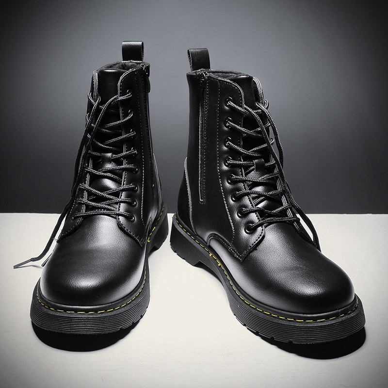 冬季全黑色马丁靴男韩版青少年工装靴子学生百搭高腰皮靴英伦短靴