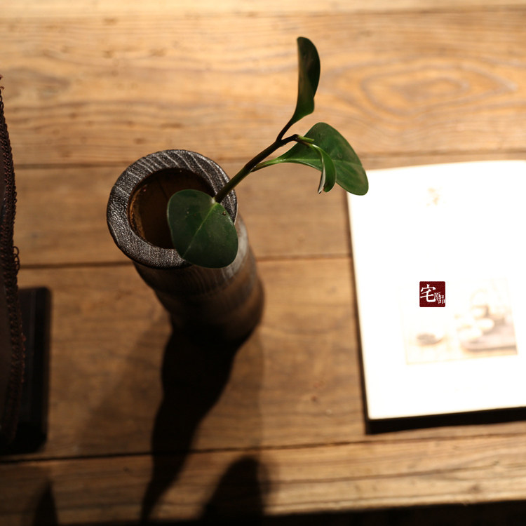 花瓶日式烧桐创意实木花插插花木质摆件竹节花瓶