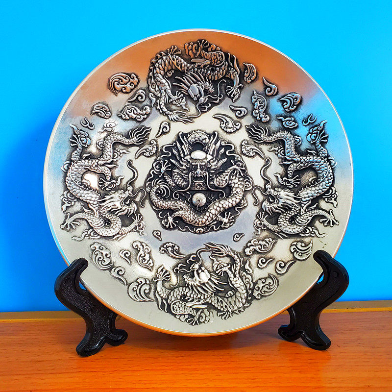 摆件白铜镀银五龙献瑞盘子家居新中式中式装饰品摆件