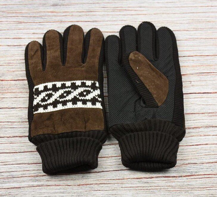 新款冬季防寒猪皮保暖男士手套 加绒加厚毛线五指 分指运动手套 - 大