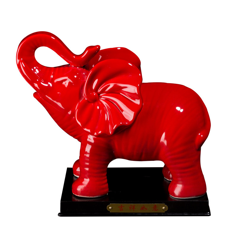 陶瓷工艺品红色大象摆件一对办公家居饰品客厅招财风水镇宅白象