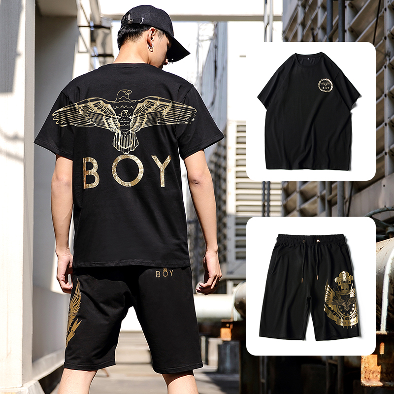 潮牌BOY短袖运动套装男士2022夏季新款潮流休闲宽松跑步T恤两件套