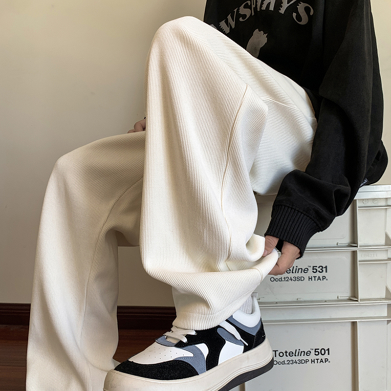 米白色灯芯绒裤子ins高街潮雪尼尔阔腿裤男加绒日系坠感重磅卫裤