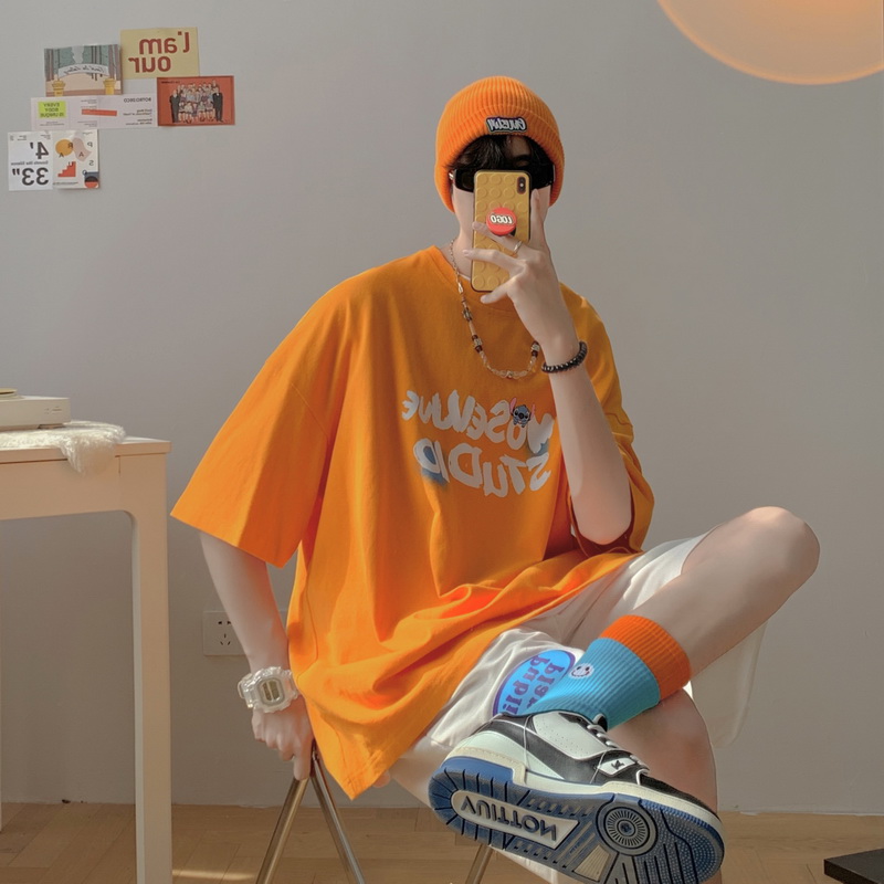 橙色vintage美式t恤设计感小众涂鸦短袖男潮牌高街史迪仔六七分袖