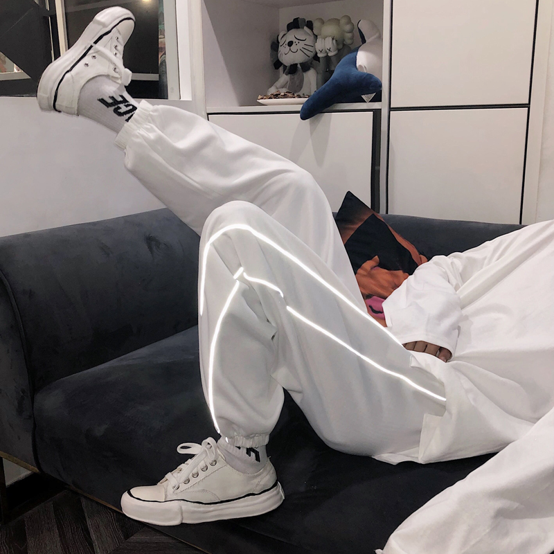 oversize高街裤子男白色针织运动卫裤潮牌束脚反光条夜光盐系阔腿