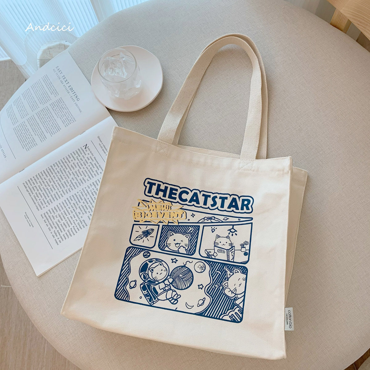 andcicispace喵星人日系设计帆布包单肩购物袋男女女学生书包购物袋
