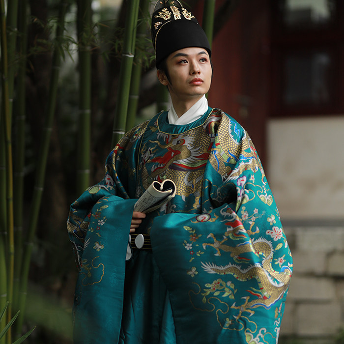 静云竹汉服织金蟒袍男款圆领明制长袄复原妆花汉服定制