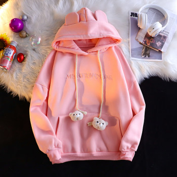 Bear Cute Rabbit Ears Sweater Women's Spring and Autumn Oversize Hooded Thin Jacket Style Korean Loose Lazy Top