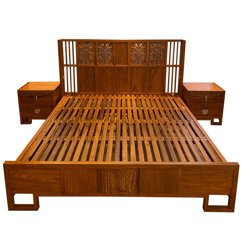新中式卧室实木雕花苏梨婚床18m花梨家具京瓷实木床