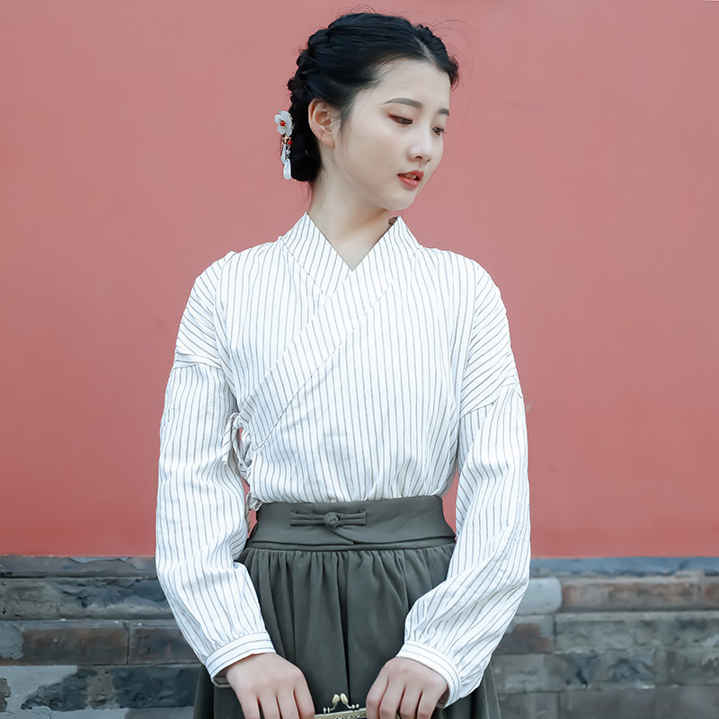 长安中式国风复古改良汉服条纹交领中衣内搭衬衫