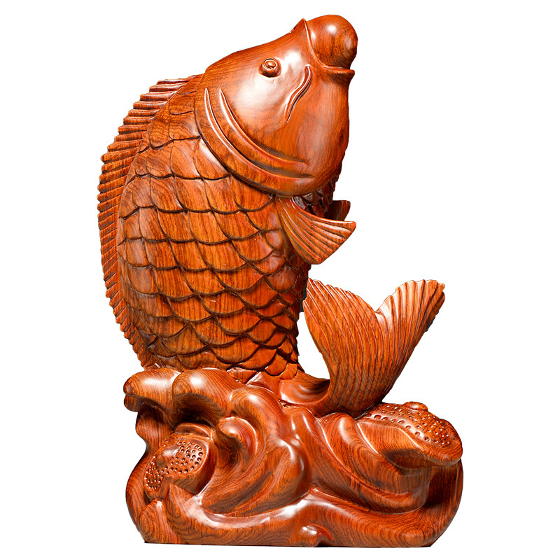 花梨雕刻鲤鱼摆件年年家居客厅公司木雕