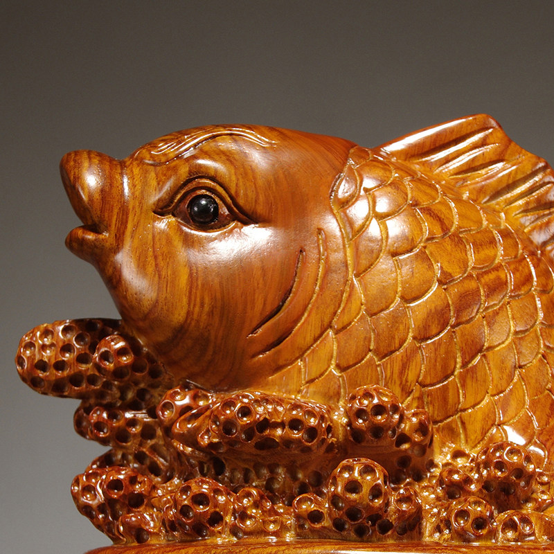 木雕聚宝盆摆件红木木鱼年年有鱼鲤鱼实木雕刻工艺品木雕