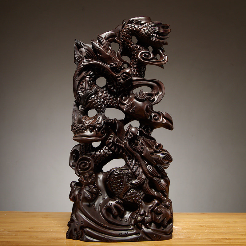 檀木雕龙摆件双龙戏珠家居客厅办公装饰红木木雕
