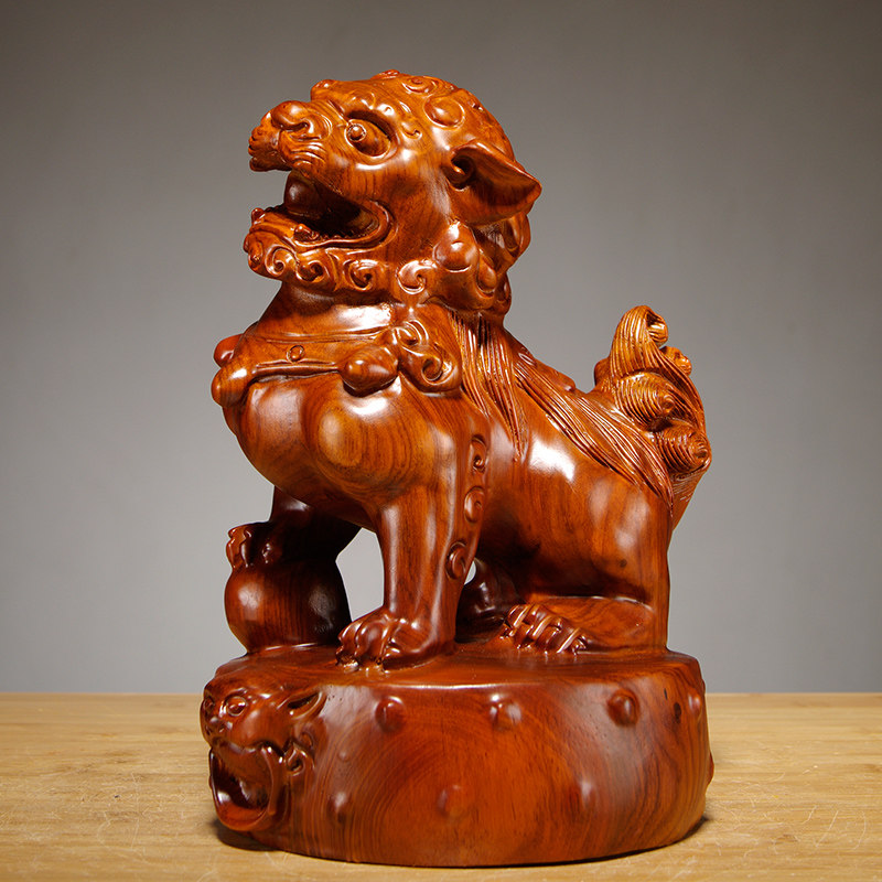 花梨木雕雕刻狮子摆件一对宫门狮家家居办公室木雕