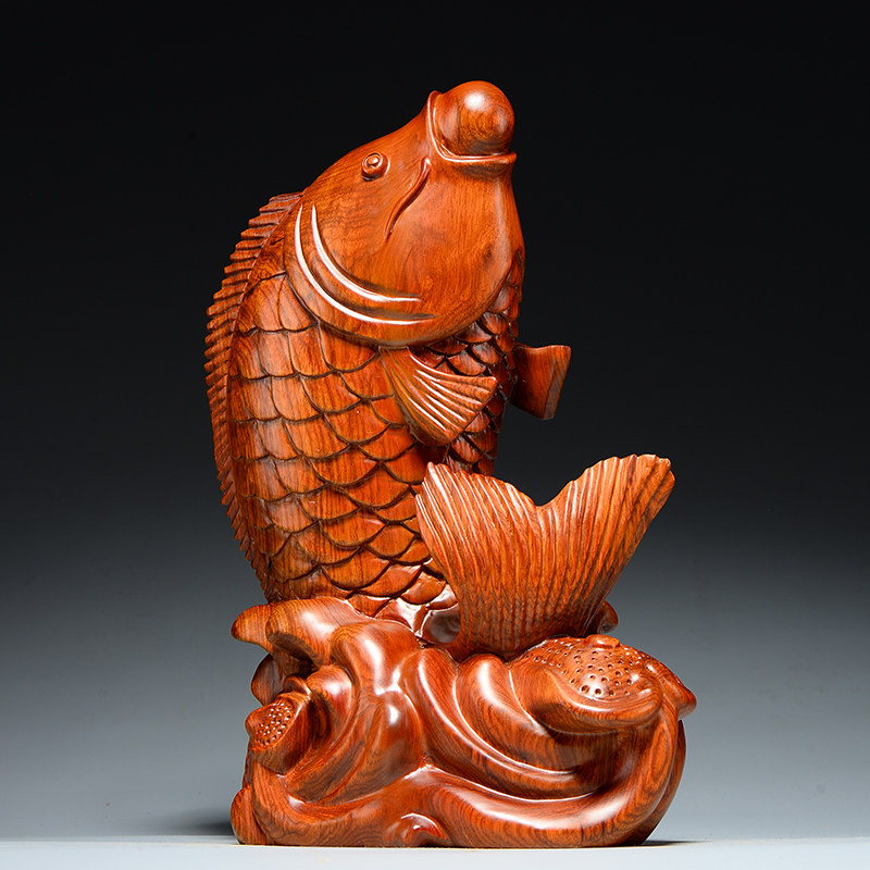 花梨雕刻鲤鱼摆件年年家居客厅公司木雕