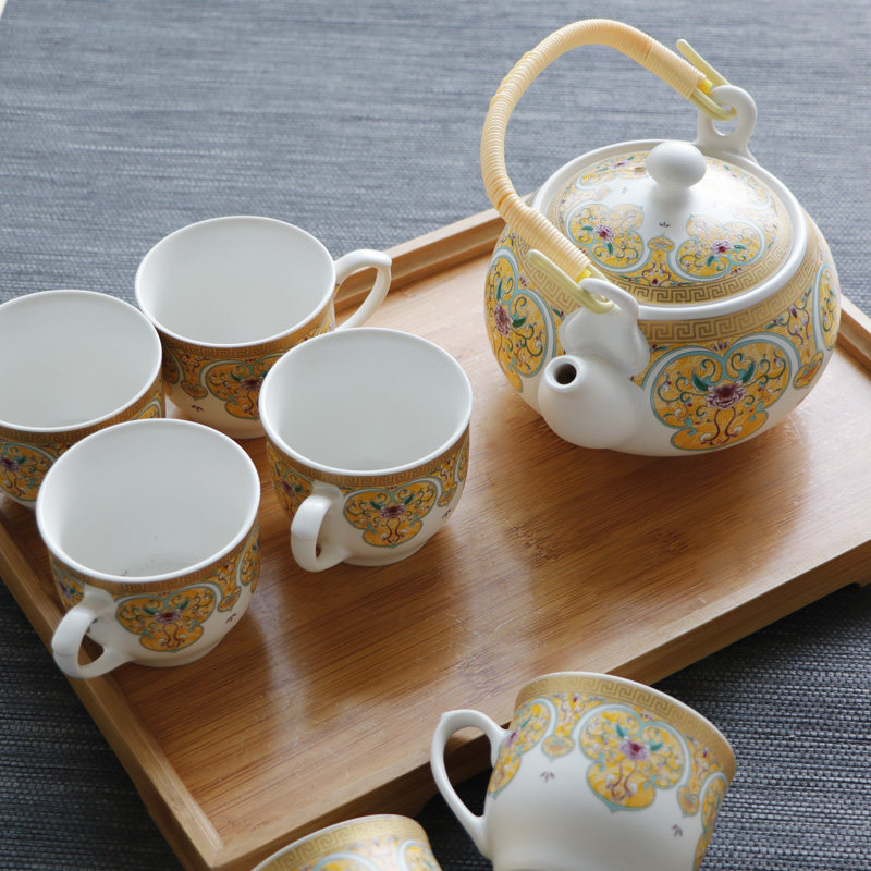 汝窑甜白珐琅彩 景德镇陶瓷茶具套装家用泡茶壶茶杯提梁壶中式3色
