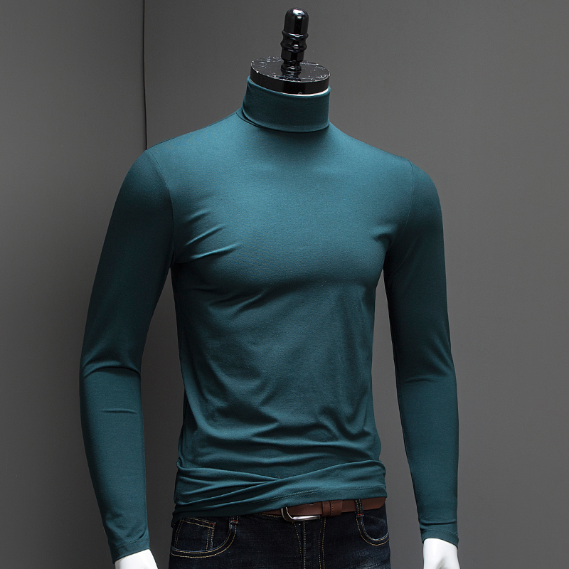 秋冬男士莫代尔高领长袖打底衫加绒加厚丝光棉修身潮纯色T恤上衣