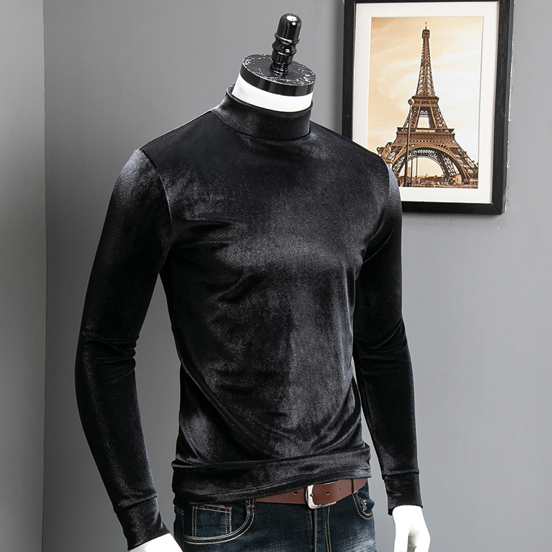 秋冬男士半高领金丝绒长袖修身T恤加绒加厚中领纯色打底衫潮上衣