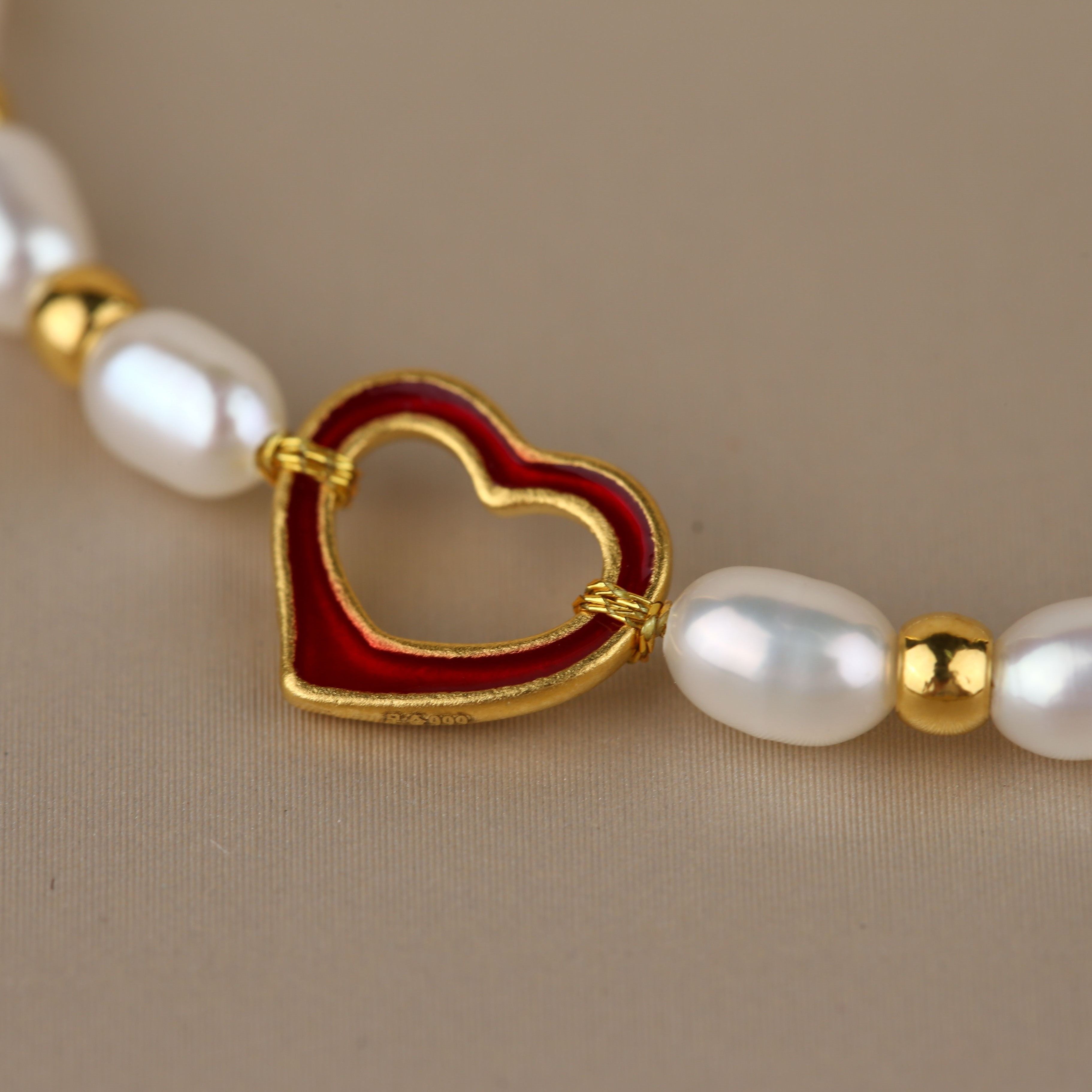 官方直播推荐足金烤蓝爱心环配6颗3m金珠手饰