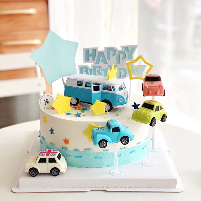 小男孩复古小巴士小汽车生日插件甜卡通小车装扮烘焙蛋糕装饰摆件