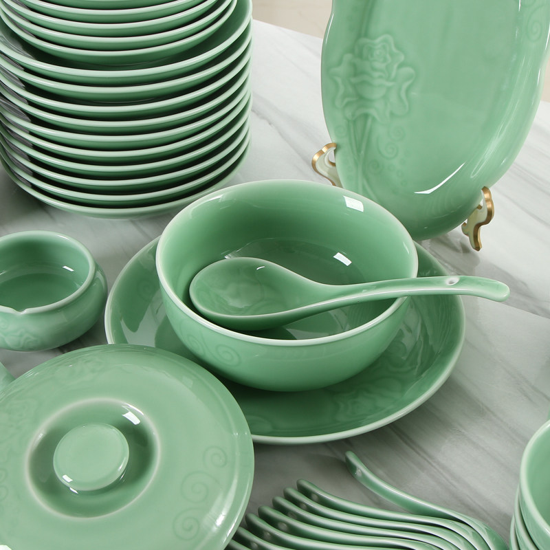 套装龙泉青瓷中式餐具高档58头碗碟家用碗盘礼盒餐具瓷器套装