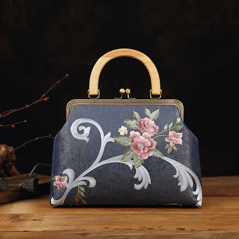 手提包咪匠2019新款手工女包刺绣山茶花原木手柄女士包袋