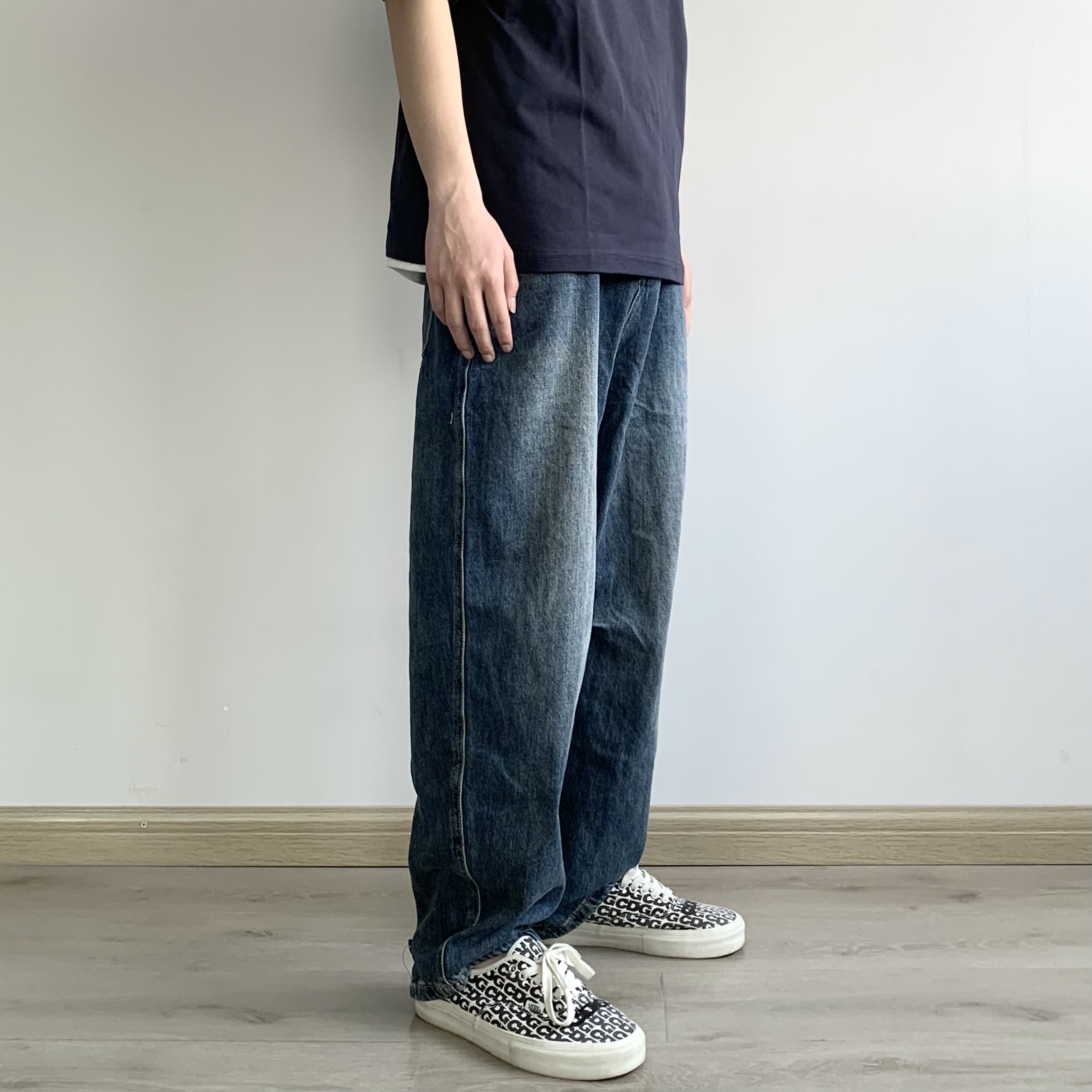 潮流嘻哈水洗烟灰陈冠希复古牛仔裤日系直筒宽松嘻哈风休闲裤长裤