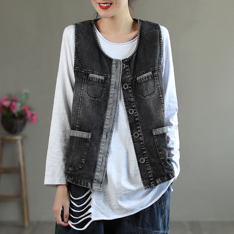 概念原创复古拼接牛仔马甲背心女秋新款口袋马夹