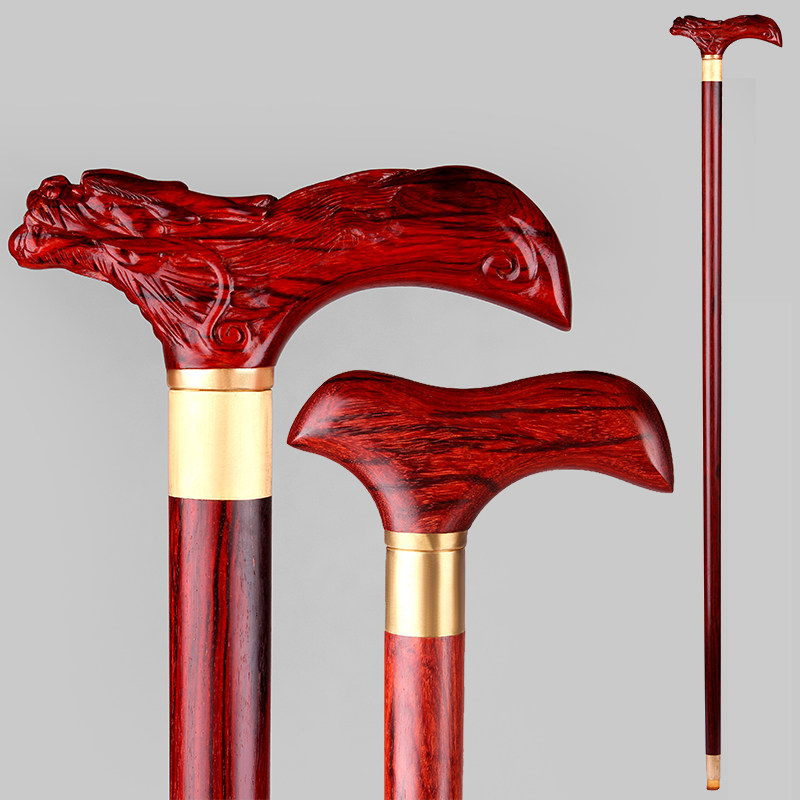 印度小叶叶紫檀木龙头拐杖老年人手杖防滑胶头木雕