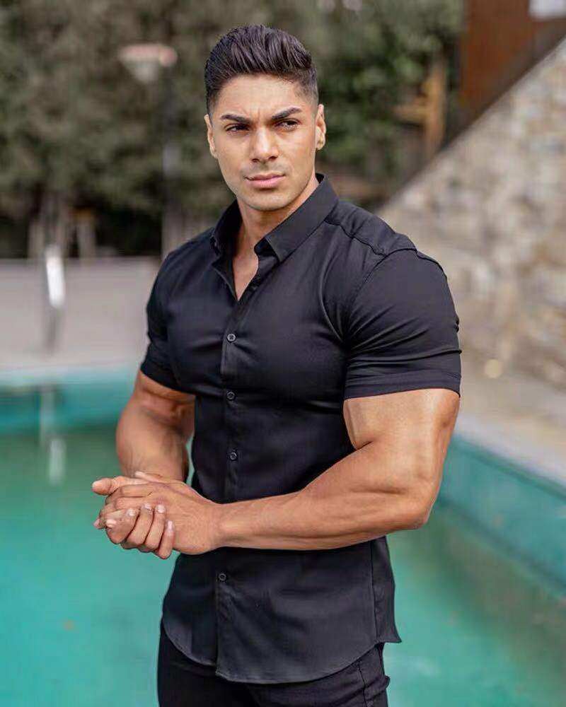 衬衫杰瑞米高帅同款fa健美肌肉高弹休闲修身衬衫