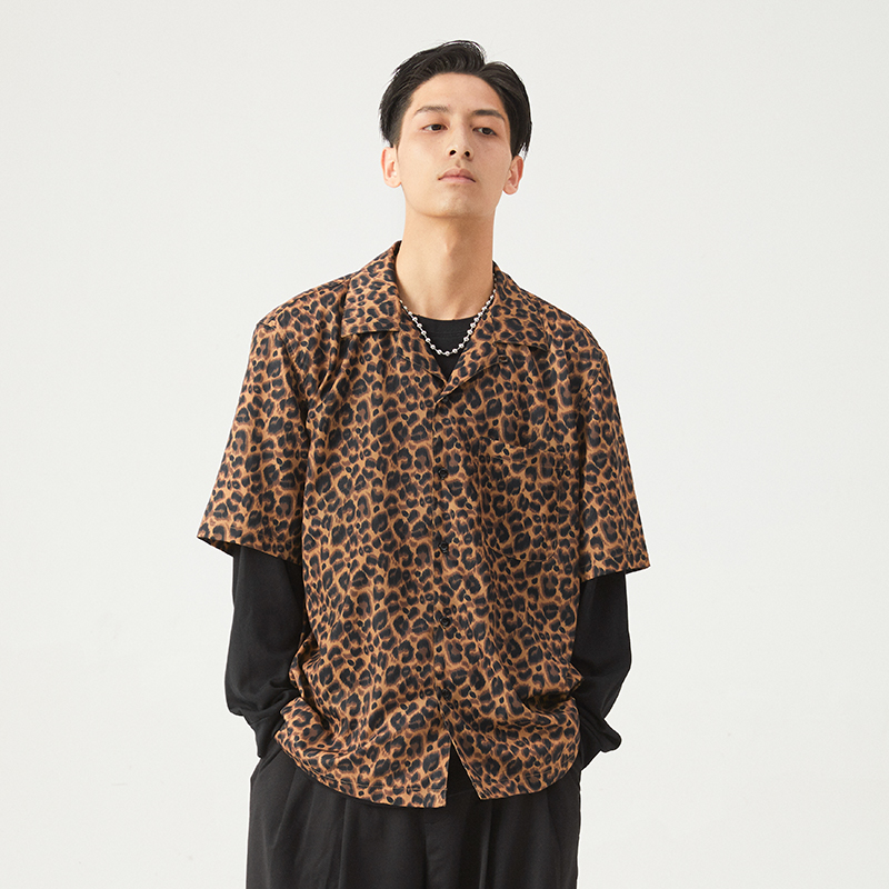 ARCHIVUM  (arc.) 朋克摇滚豹纹复古短袖衬衫 男女古巴领宽松衬衣