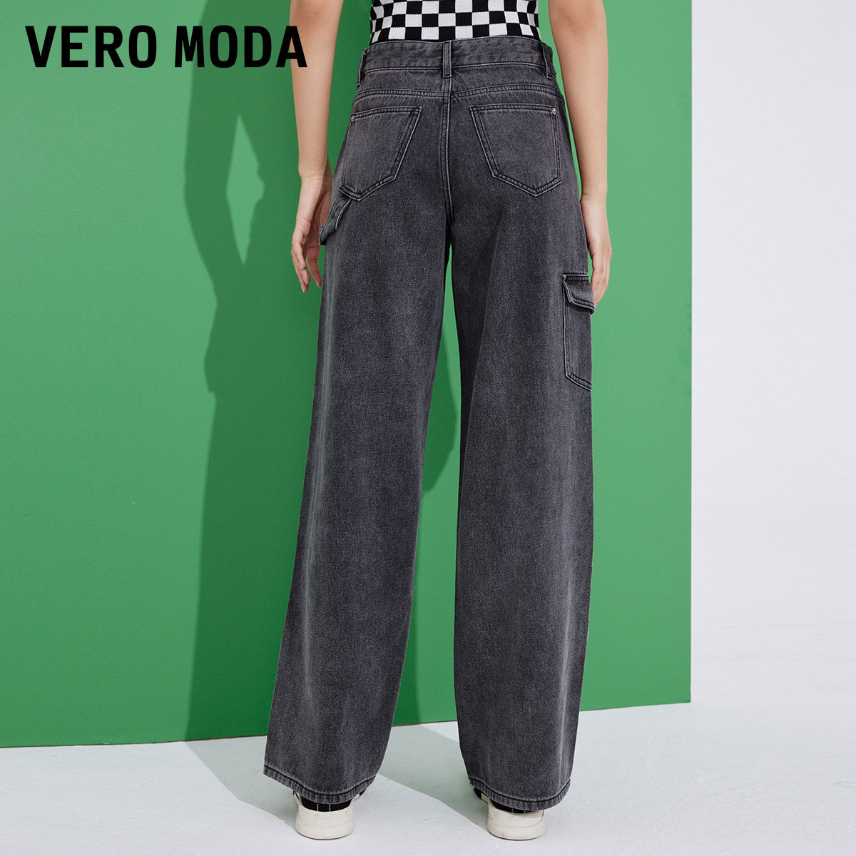 veromoda牛仔裤2022早秋工装棋盘格显瘦直筒垂感牛仔裤