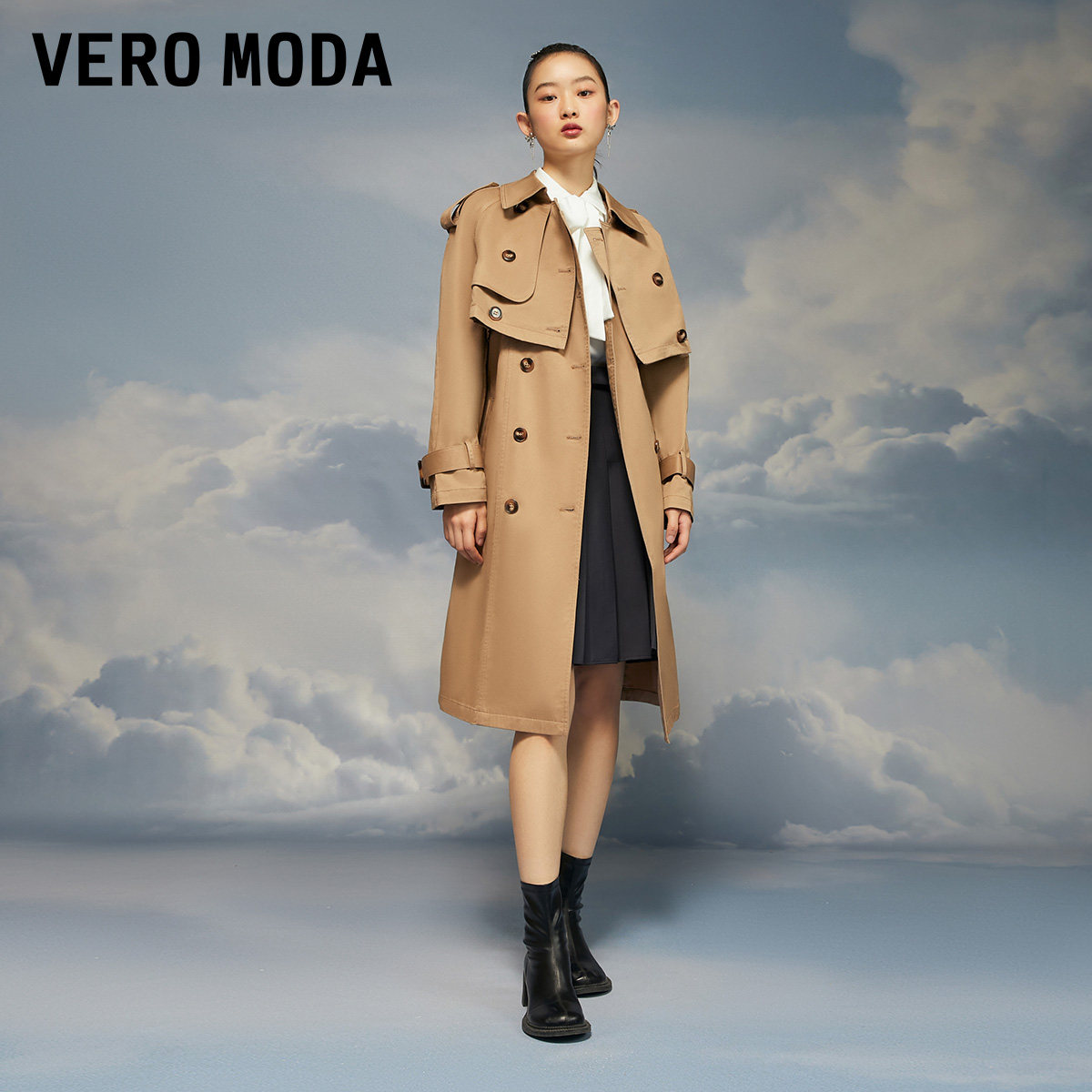 veromoda风衣2022春夏季新款复古翻领双排中长风衣
