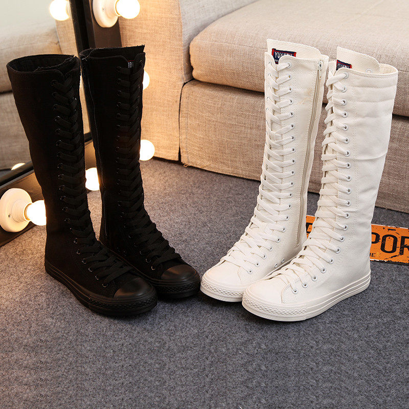 大码4043全黑高帮帆布靴女拉链长筒平底跳舞帆布鞋