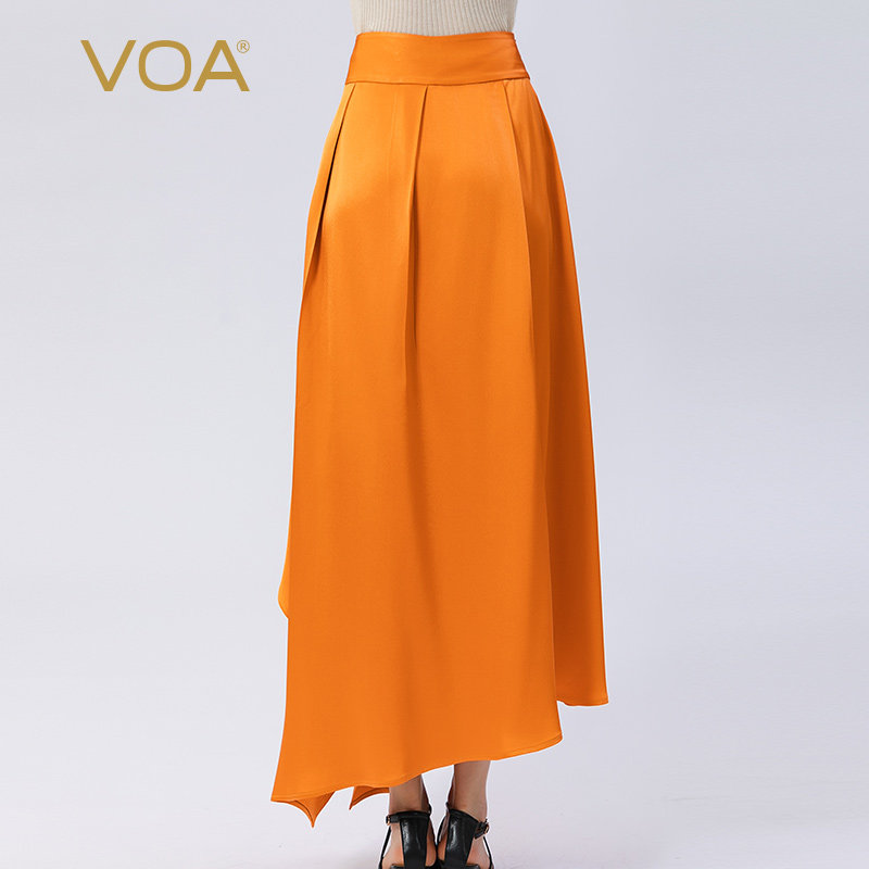voa40姆米重磅真丝双面橙色自然褶皱不规则大摆半身裙