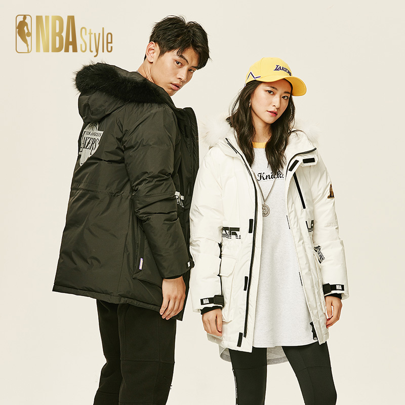 NBA Style运动潮牌洛杉矶湖人队男女同款毛绒连帽中长羽绒服