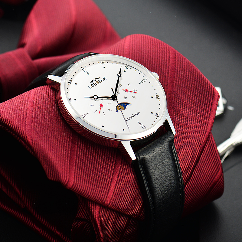 罗臣lorsson男士手表德国原装进口星期日历月相夜光防水石英表