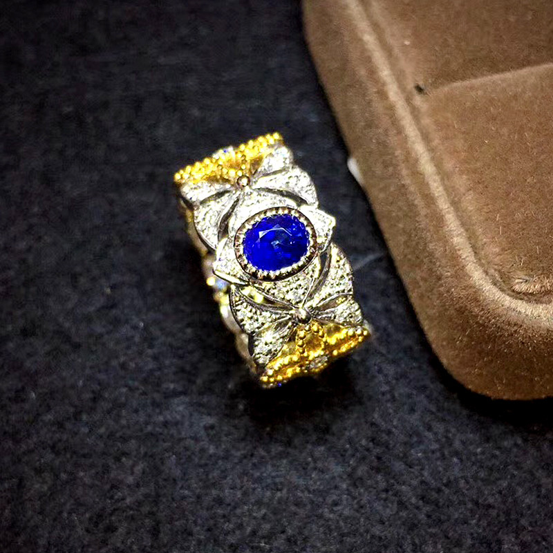 宝创18k金镶053克拉蓝宝石戒指意大利复古镂空设计手饰