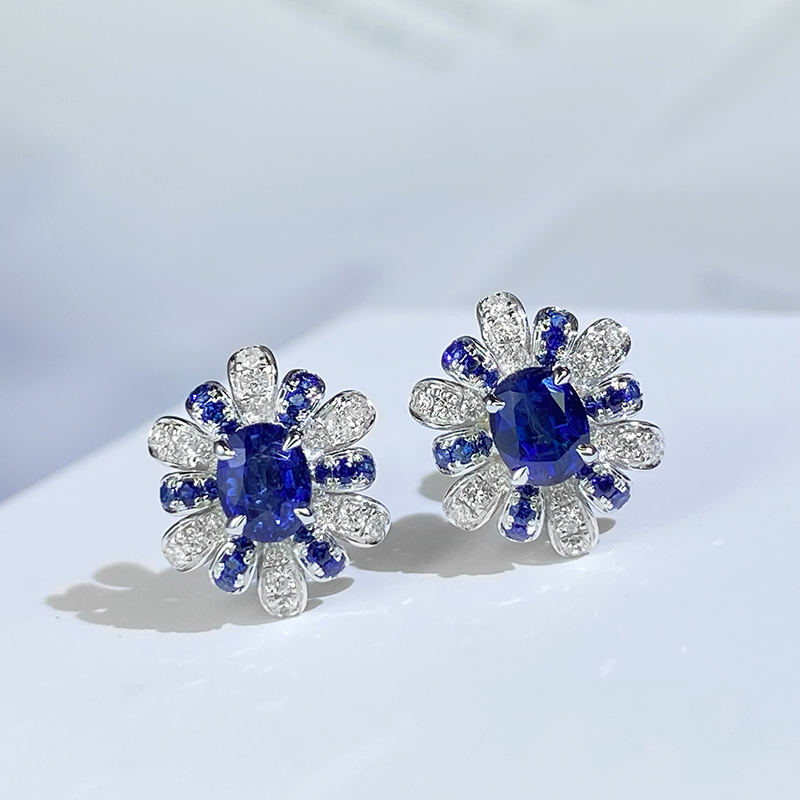 宝创斯里兰卡天然皇家蓝宝石耳钉18k白金镶钻花瓣耳饰