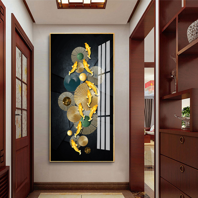 入户玄关装饰画九鱼图竖版玄幻墙画过道走廊尽头挂画进门壁画大气