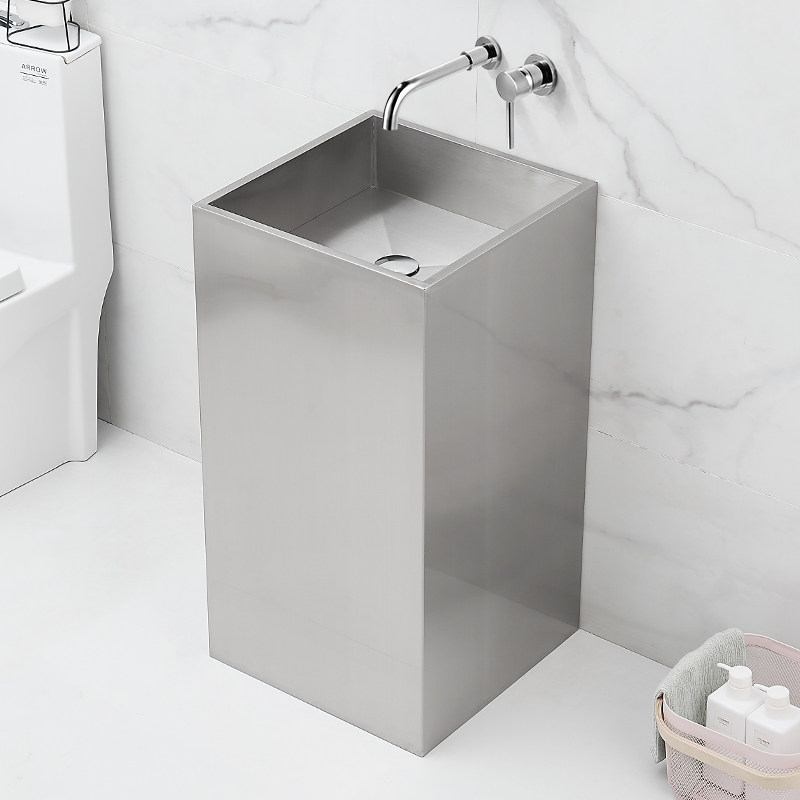 立柱不锈钢方形落地式洗手台盆一体柱式洗脸盆酒吧立柱盆
