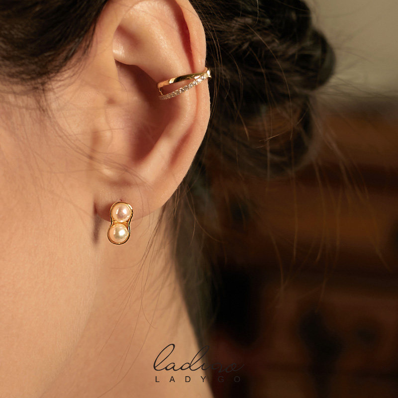 ladygo纯银耳钉轻奢高级珍珠耳饰饰品个性花生耳钉