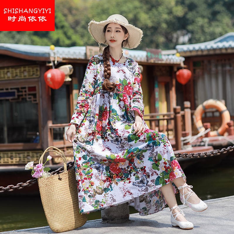 纤衣良品柒月雅画时尚女装店2020春新款长袖印花大摆民族风连衣裙