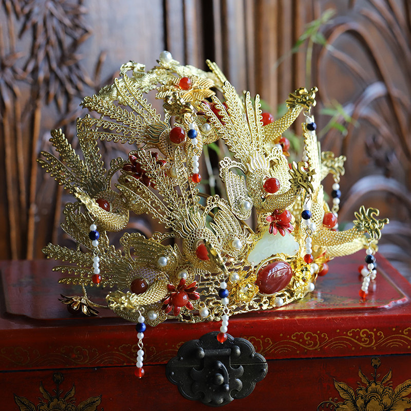 明制头饰汉服大婚凤冠霞帔二龙九凤诰命中式皇后新娘发冠奢华大气 –