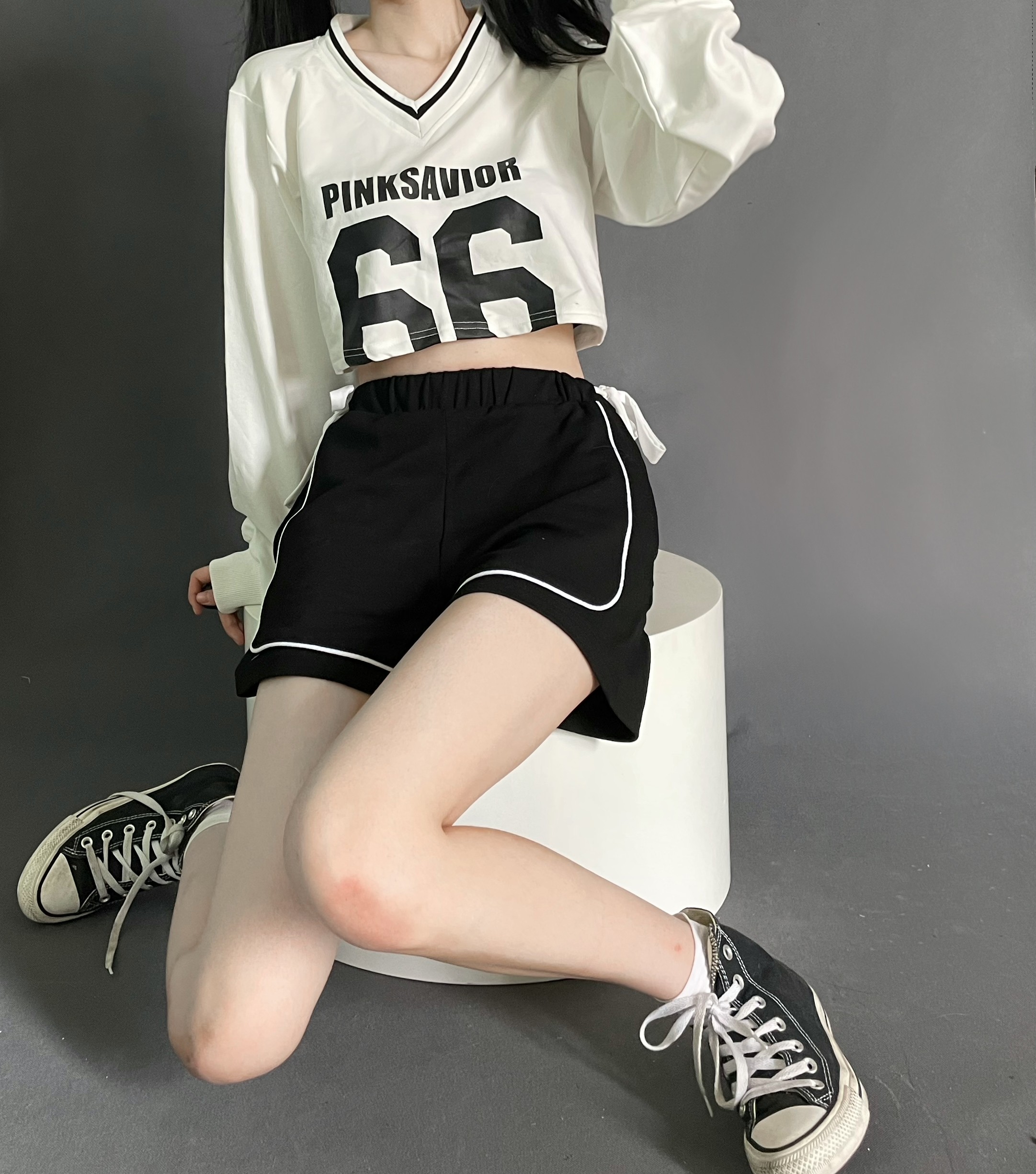 pinksavior66幸运数字学院长短卫衣蝴蝶结绑带短裤闺蜜卫衣