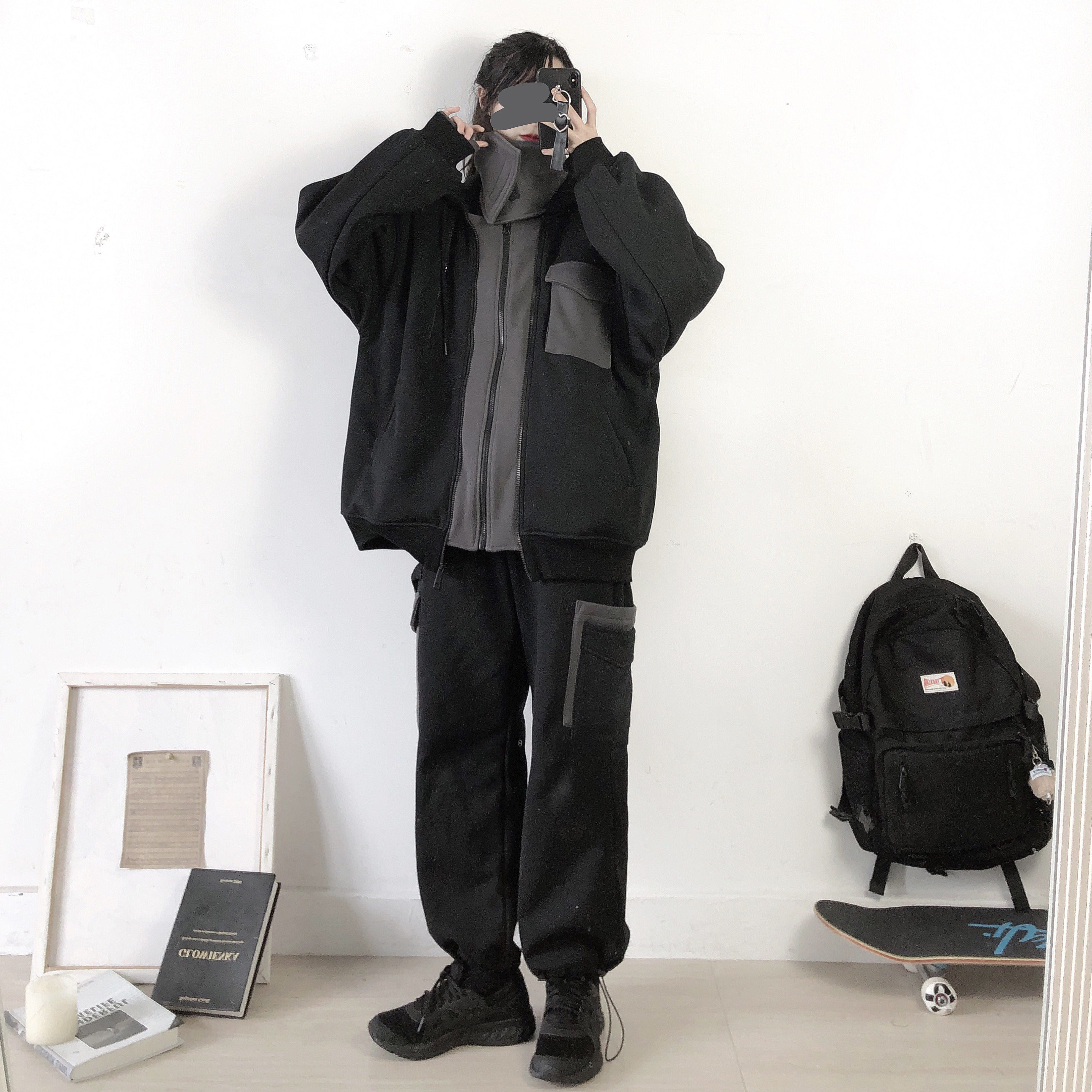 pinksavior嚣张黑灰暗黑连帽围巾两件设计加绒加厚卫衣