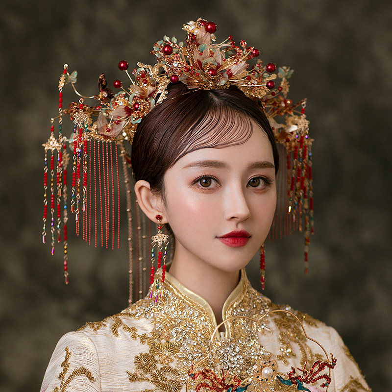 水舞u0316新娘头饰奢华中式凤冠冠带造花结婚礼发饰