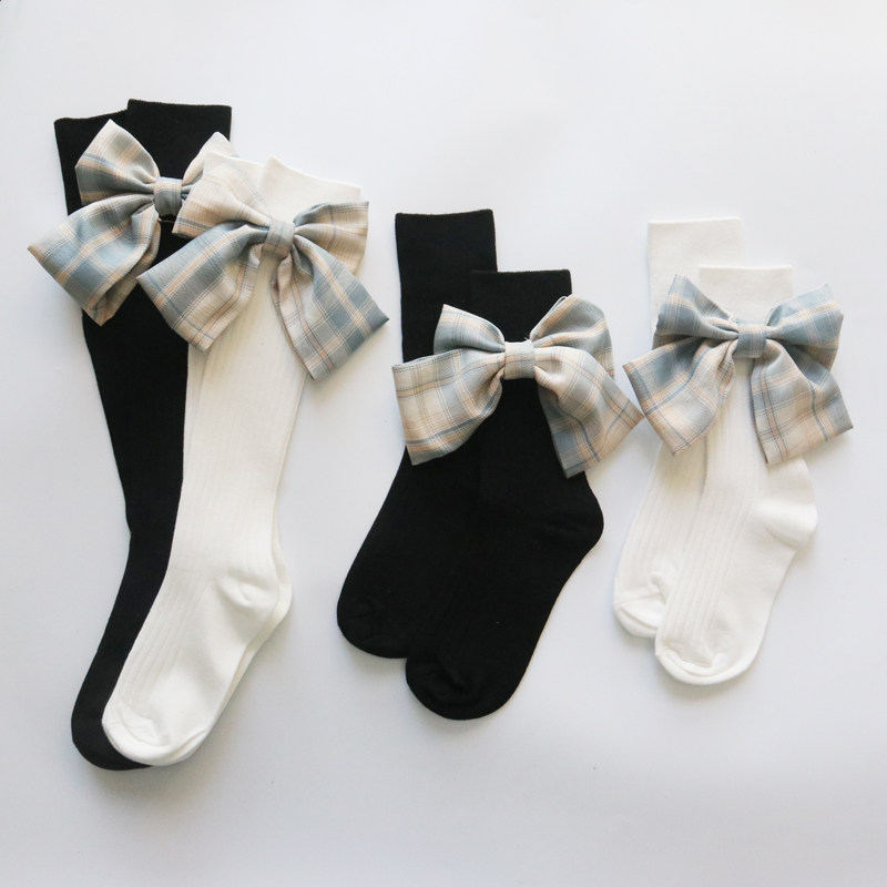 原创i少女袜子女黑白色手工大蝴蝶结水钻甜女生纯色中筒jk长袜子