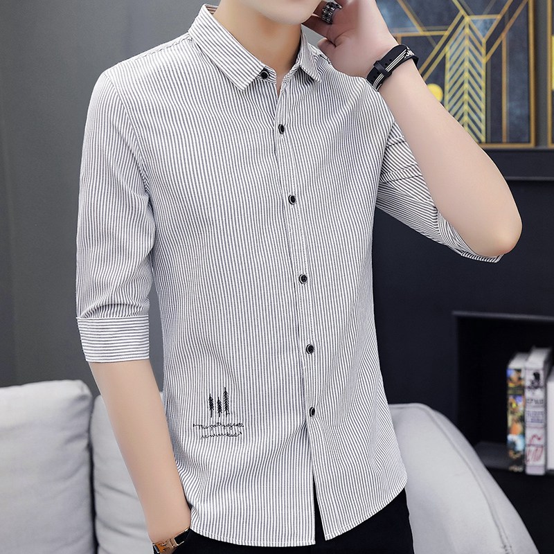 港风秋季条纹夏季工装衬衫男士中袖时尚休闲韩版潮流春秋款衬衣男
