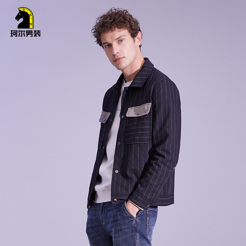 kir珂尔男装秋冬休闲酷雅黑色线条夹克外套夹克